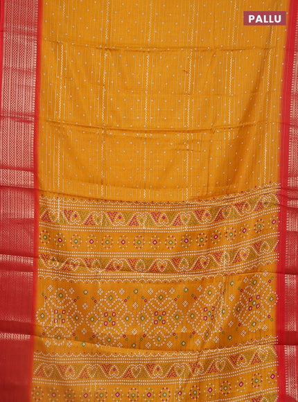 Semi dola saree mustard yellow and red with allover zari weaves & bandhani prints and zari woven border
