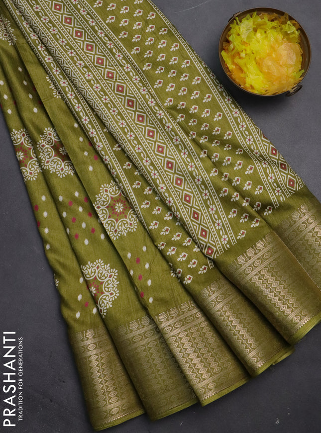 Semi dola saree mehendi green with allover butta prints and zari woven border