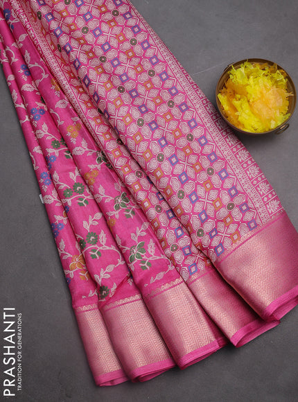 Semi dola saree pink with allover floral prints and zari woven border