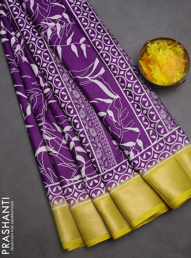 Semi dola saree violet and lime yellow with allover prints and zari woven border