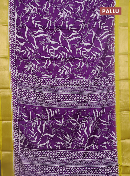 Semi dola saree violet and lime yellow with allover prints and zari woven border