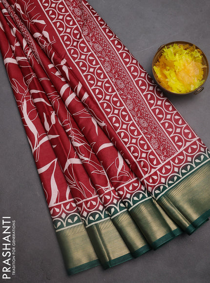 Semi dola saree maroon and green with allover prints and zari woven border