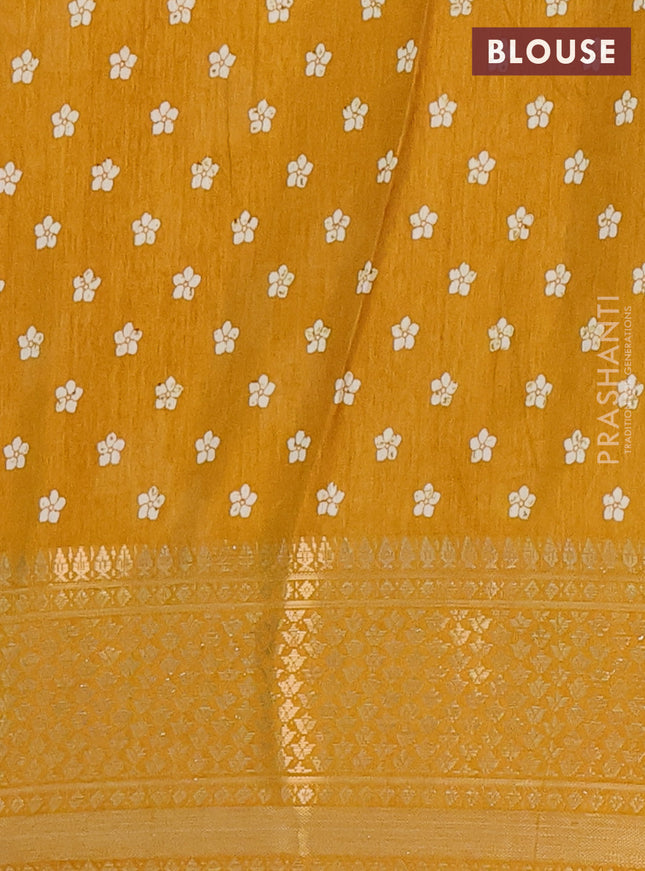 Semi dola saree mustard yellow with allover prints and zari woven border