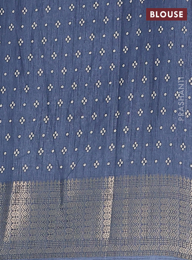 Semi dola saree bluish grey with allover bandhani prints and zari woven border