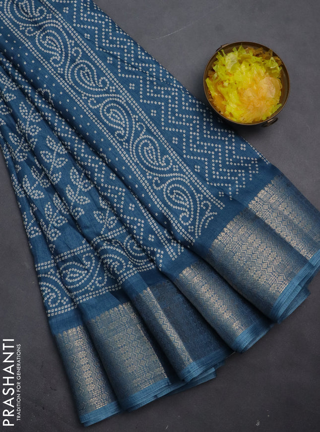 Semi dola saree peacock blue shade with allover bandhani prints and zari woven border