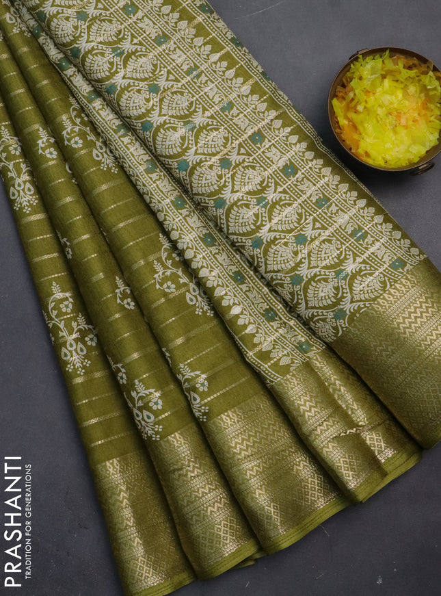 Semi dola saree mehendi green with allover zari weaves & butta prints and zari woven border