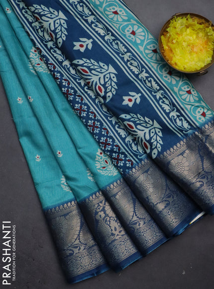 Semi dola saree teal blue and peacock blue with butta prints and zari woven border