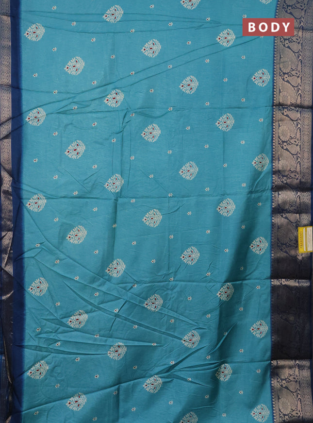 Semi dola saree teal blue and peacock blue with butta prints and zari woven border