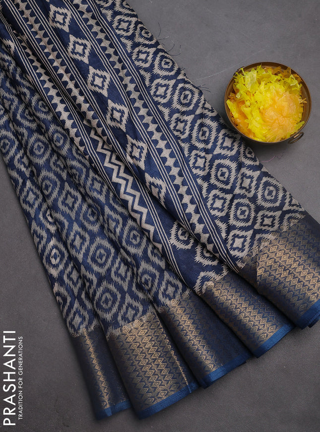 Semi dola saree peacock blue with allover prints and zari woven border