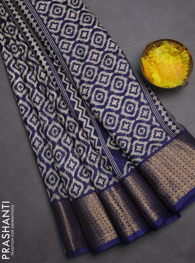 Semi dola saree dark blue with allover prints and zari woven border