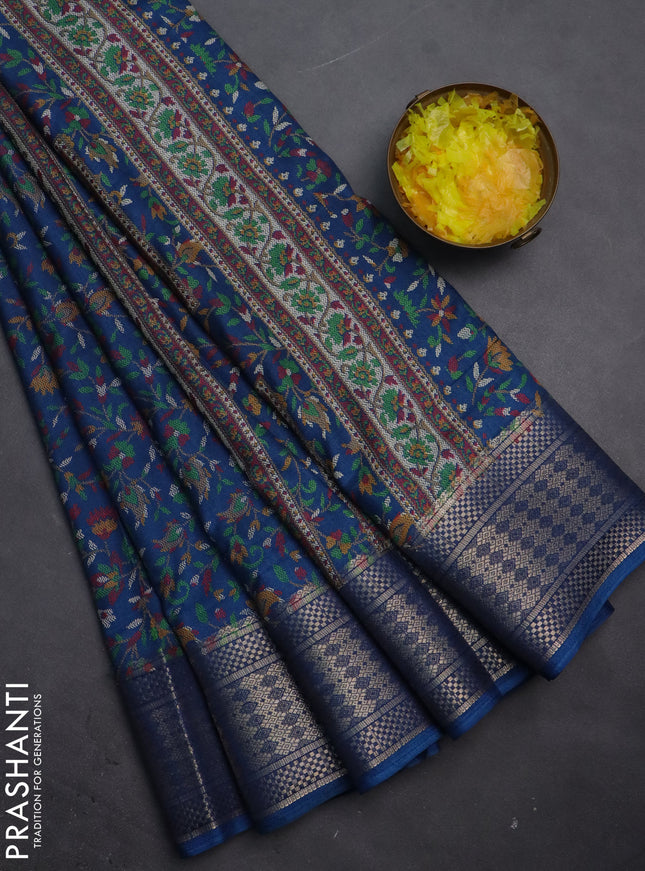 Semi dola saree peacock blue with allover prints and zari woven border