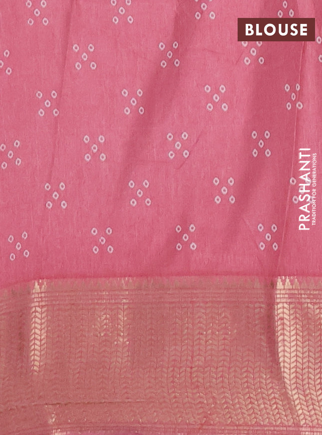 Semi dola saree peach pink with bandhani butta prints and zari woven border