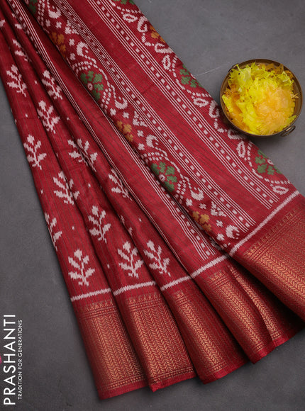 Semi dola saree maroon with zari stripes pattern & ikat prints and zari woven border