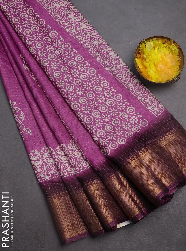 Semi dola saree purple and deep purple with zari stripes pattern & butta prints and zari woven border