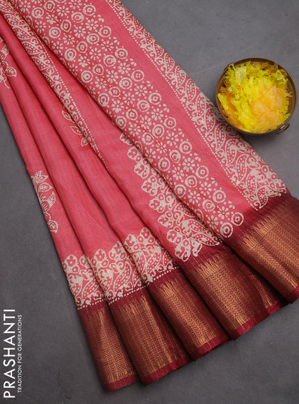 Semi dola saree peach pink and maroon with zari stripes pattern & butta prints and zari woven border