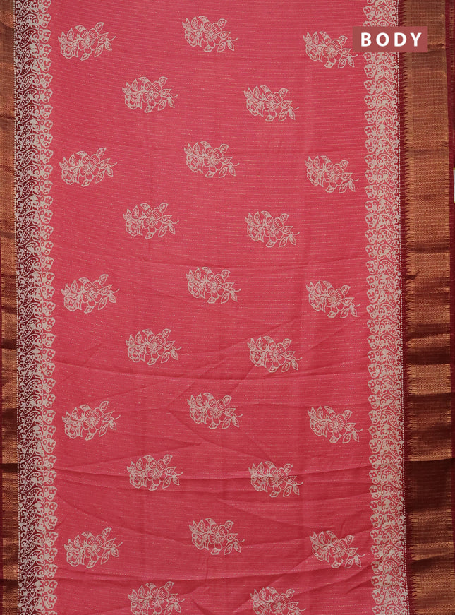 Semi dola saree peach pink and maroon with zari stripes pattern & butta prints and zari woven border