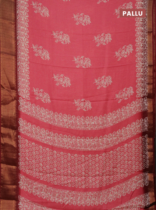 Semi dola saree peach pink and maroon with zari stripes pattern & butta prints and zari woven border