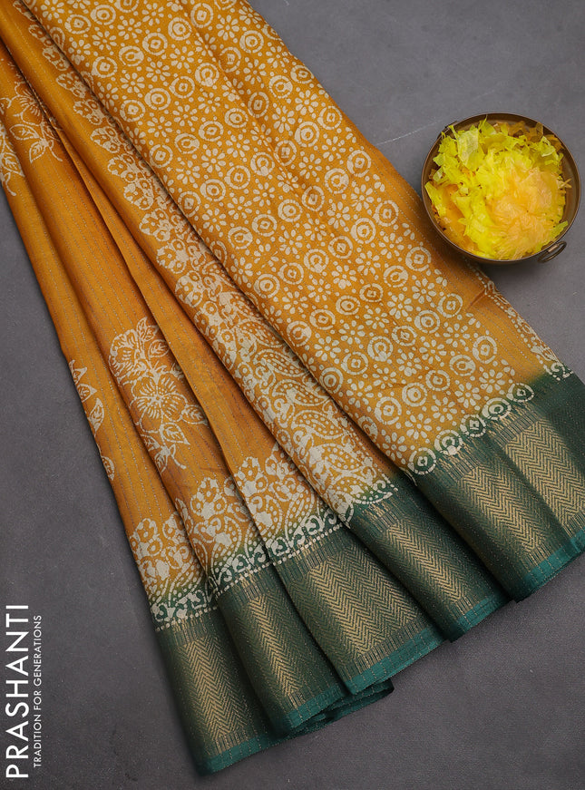 Semi dola saree mustard yellow and peacock green with zari stripes pattern & butta prints and zari woven border