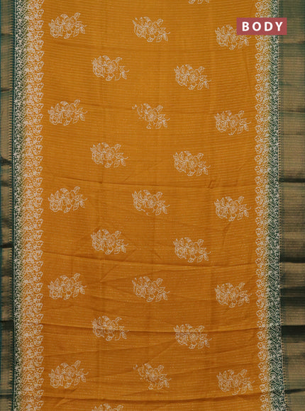 Semi dola saree mustard yellow and peacock green with zari stripes pattern & butta prints and zari woven border