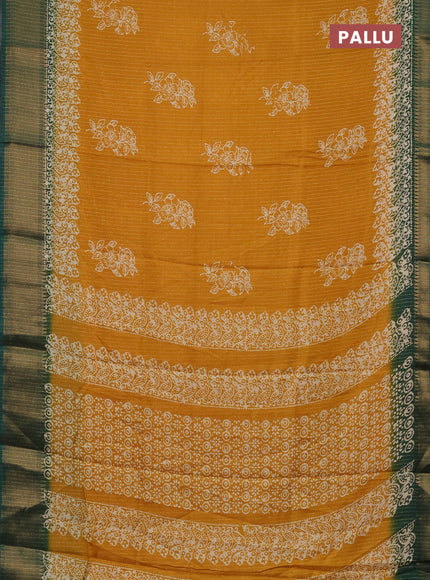 Semi dola saree mustard yellow and peacock green with zari stripes pattern & butta prints and zari woven border