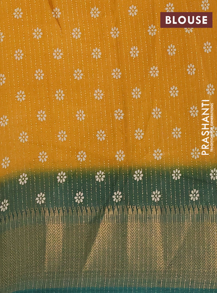 Semi dola saree mustard yellow and peacock green with zari stripes pattern & butta prints and zari woven border