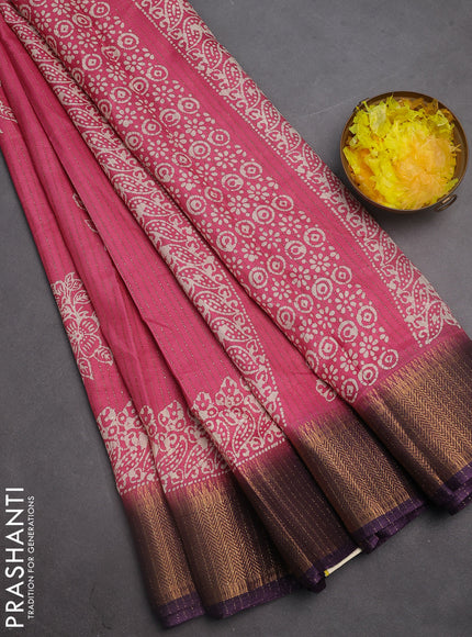 Semi dola saree pink and deep violet with zari stripes pattern & butta prints and zari woven border