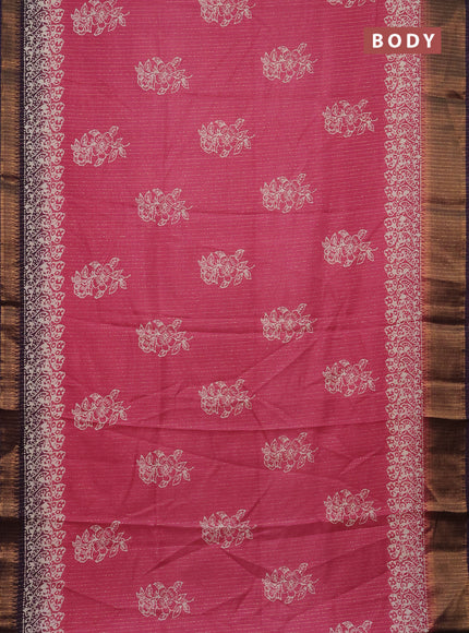 Semi dola saree pink and deep violet with zari stripes pattern & butta prints and zari woven border