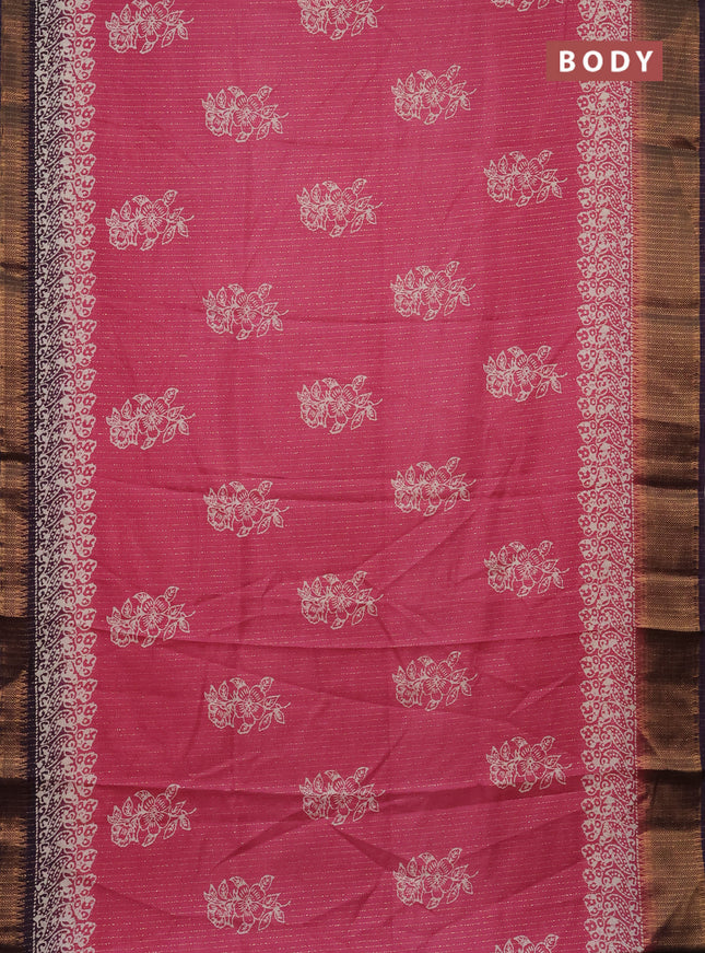 Semi dola saree pink and deep violet with zari stripes pattern & butta prints and zari woven border