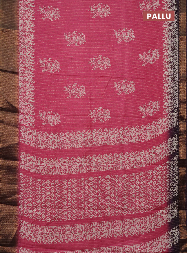 Semi dola saree pink and deep violet with zari stripes pattern & butta prints and zari woven border