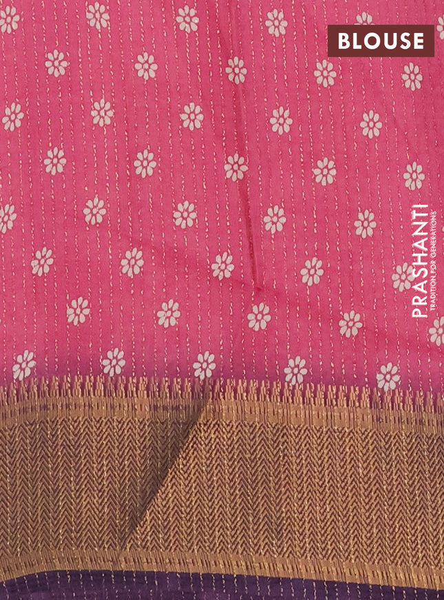 Semi dola saree pink and deep violet with zari stripes pattern & butta prints and zari woven border