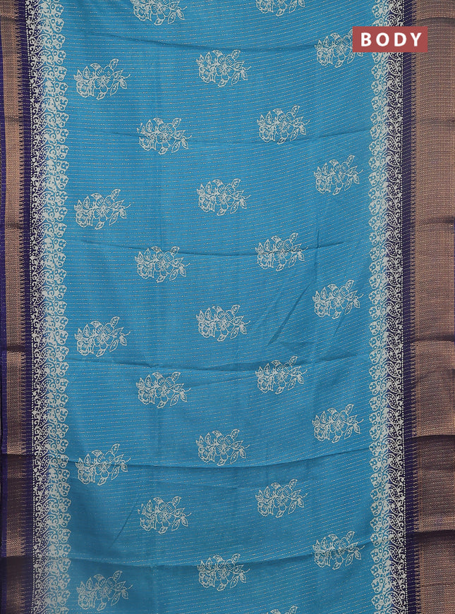 Semi dola saree teal blue and blue with zari stripes pattern & butta prints and zari woven border