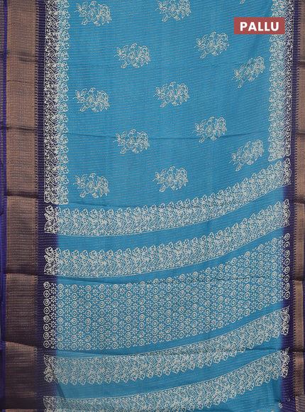 Semi dola saree teal blue and blue with zari stripes pattern & butta prints and zari woven border