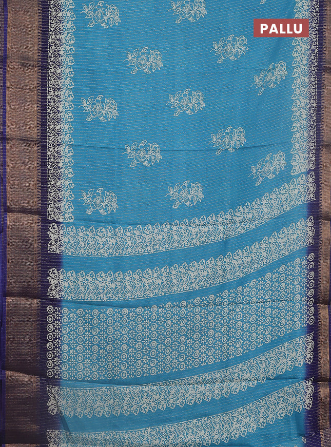 Semi dola saree teal blue and blue with zari stripes pattern & butta prints and zari woven border