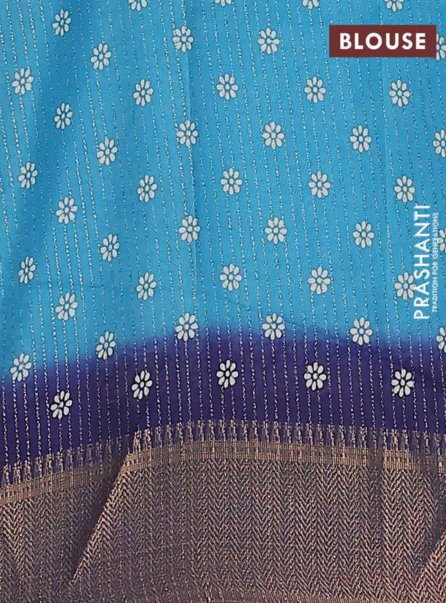 Semi dola saree teal blue and blue with zari stripes pattern & butta prints and zari woven border