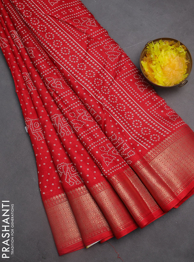 Semi dola saree red with bandhani butta prints and zari woven border