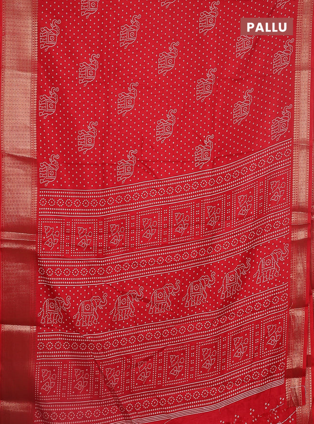 Semi dola saree red with bandhani butta prints and zari woven border