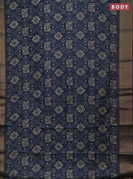 Semi dola saree peacock blue with allover zari stripes & prints and zari woven border