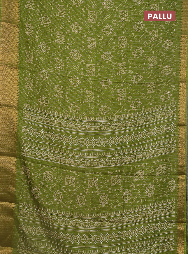 Semi dola saree light green with allover zari stripes & prints and zari woven border