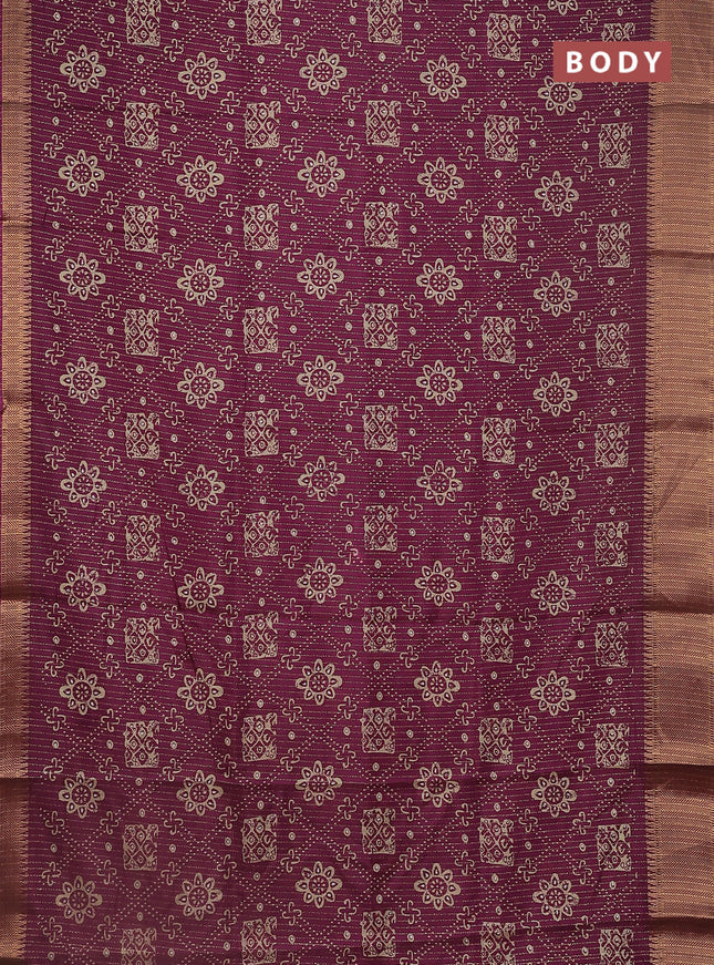 Semi dola saree wine shade with allover zari stripes & prints and zari woven border