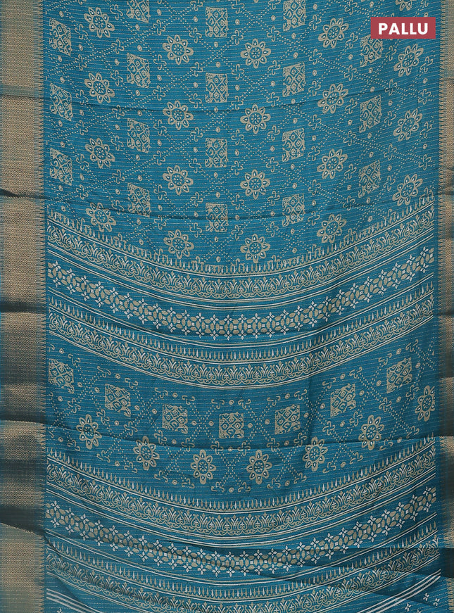 Semi dola saree teal blue with allover zari stripes & prints and zari woven border