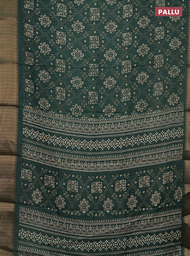 Semi dola saree green with allover zari stripes & prints and zari woven border