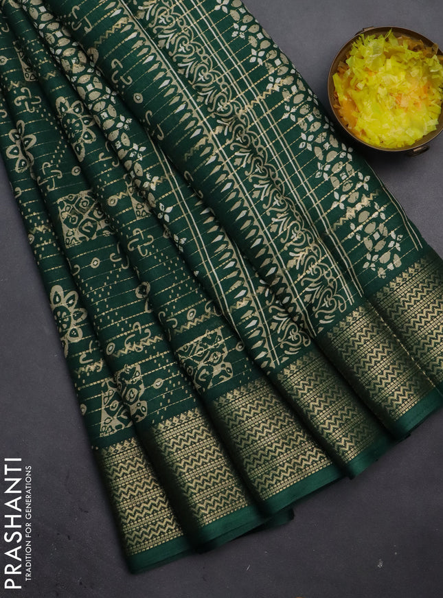 Semi dola saree green with allover zari stripes & prints and zari woven border