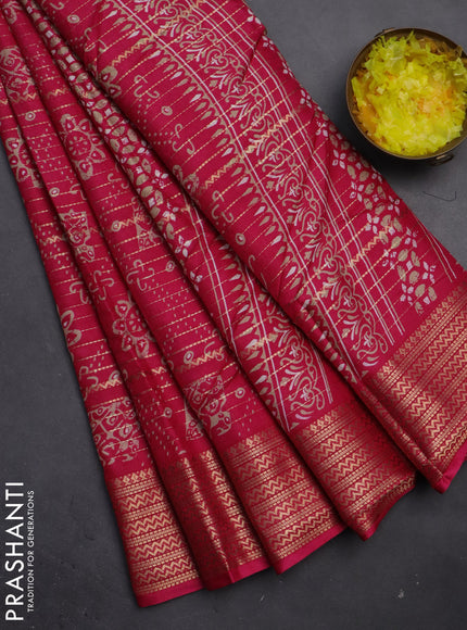 Semi dola saree pink with allover zari stripes & prints and zari woven border