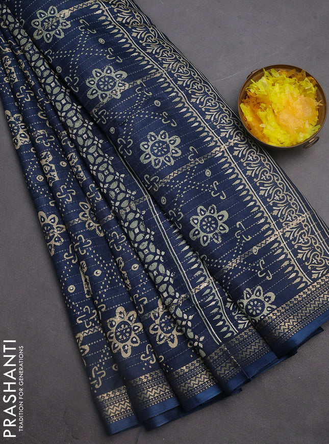 Semi dola saree peacock blue with allover zari stripes & prints and zari woven border