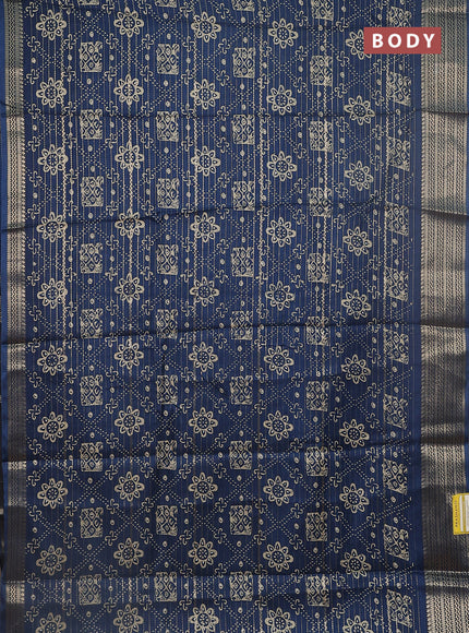 Semi dola saree peacock blue with allover zari stripes & prints and zari woven border