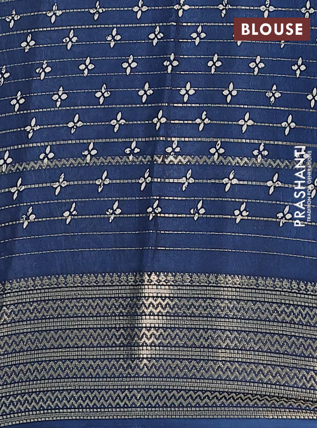 Semi dola saree peacock blue with allover zari stripes & prints and zari woven border