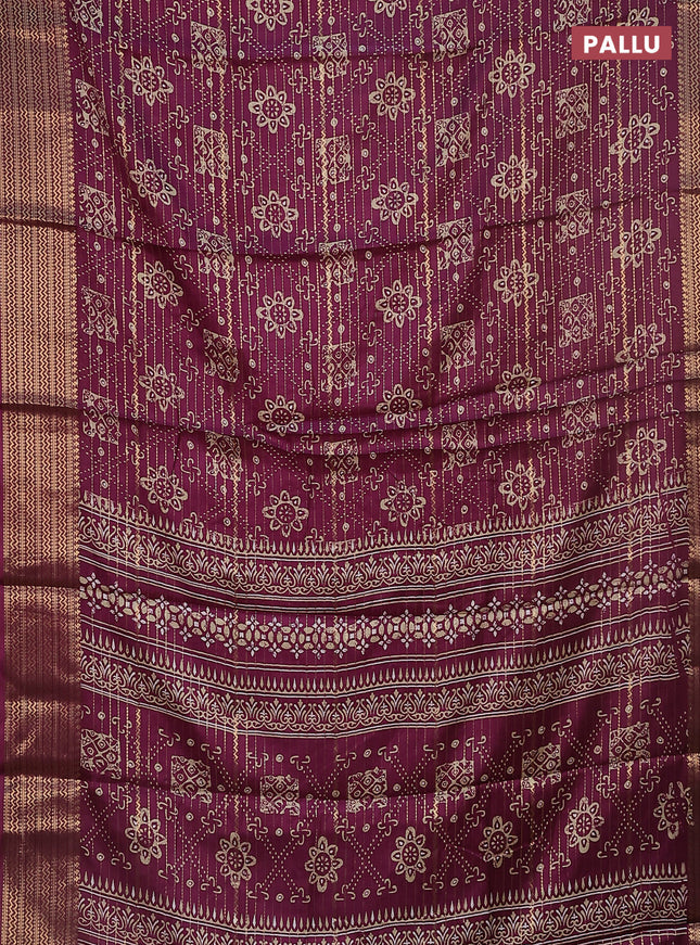 Semi dola saree wine shade with allover zari stripes & prints and zari woven border