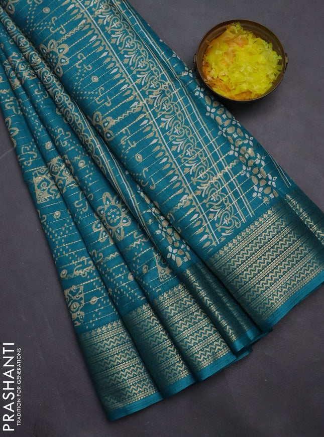 Semi dola saree teal blue with allover zari stripes & prints and zari woven border