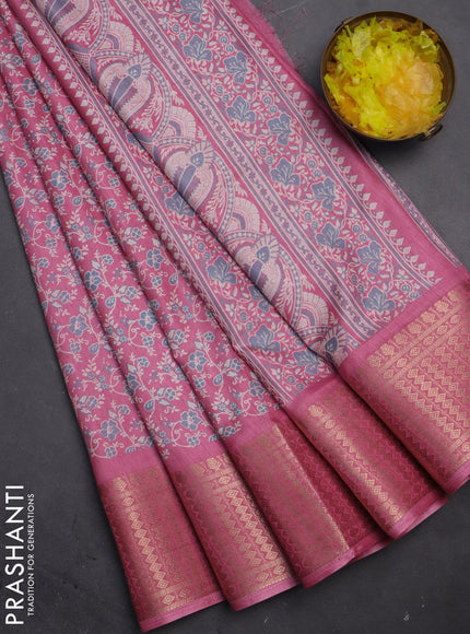 Semi dola saree peach pink with allover prints and zari woven border