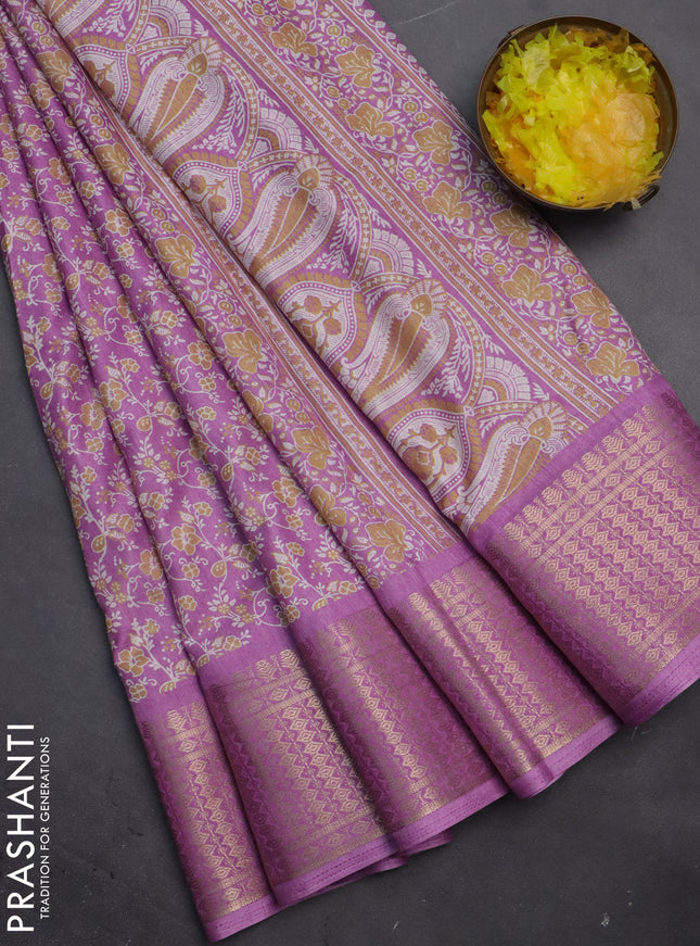 Semi dola saree lavender with allover prints and zari woven border